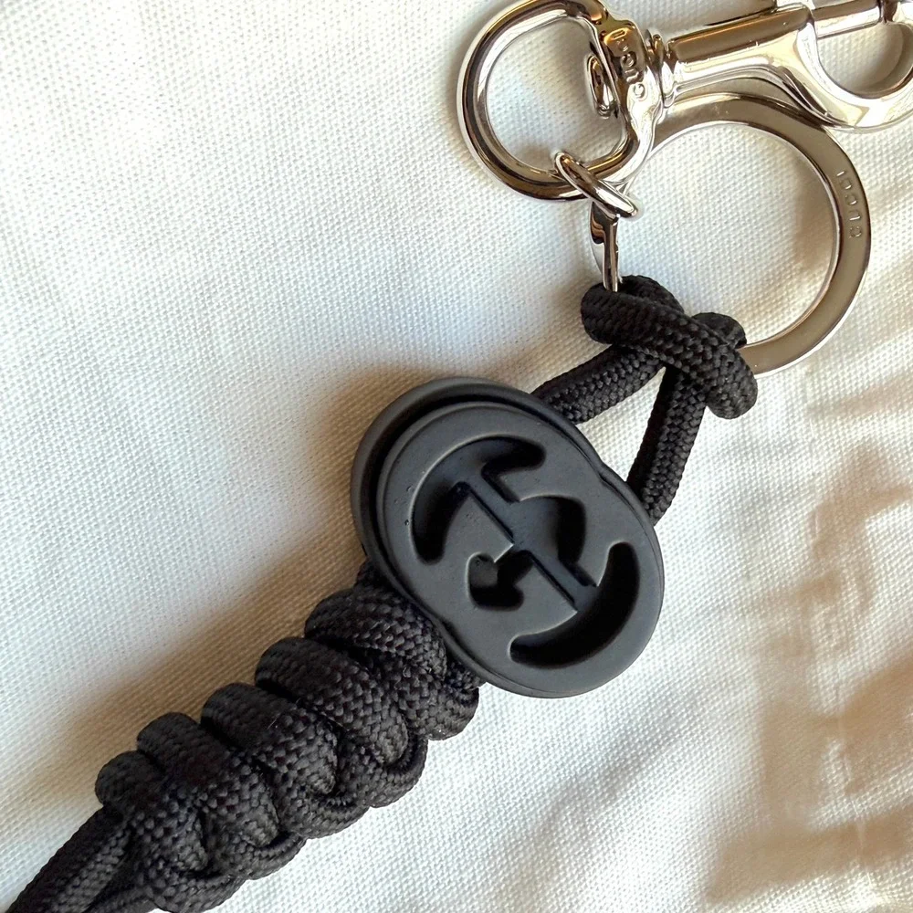 Gucci Black Interlocking G Knotted Cord Keychain Swivel Hook 834480 JAAIT 001